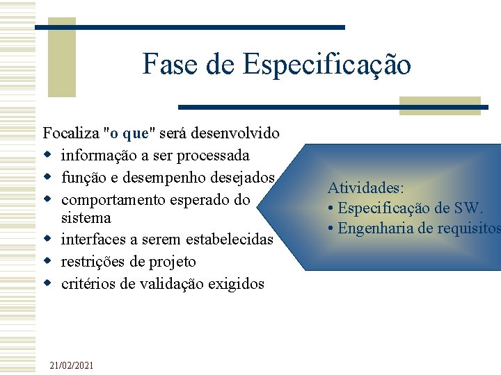 Fase de Especificação Focaliza " que" será desenvolvido informação a ser processada função e Fase de Especificação Focaliza " que" será desenvolvido informação a ser processada função e