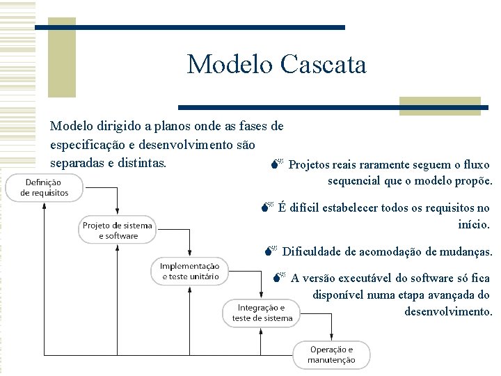 Modelo Cascata Modelo dirigido a planos onde as fases de especificação e desenvolvimento são Modelo Cascata Modelo dirigido a planos onde as fases de especificação e desenvolvimento são