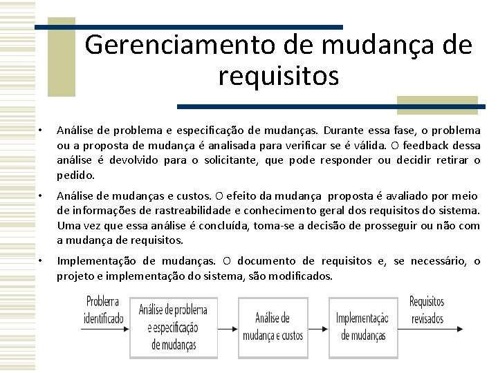 Gerenciamento de mudança de requisitos • Análise de problema e especificação de mudanças. Durante Gerenciamento de mudança de requisitos • Análise de problema e especificação de mudanças. Durante