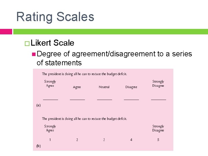 Rating Scales � Likert Scale Degree of agreement/disagreement to a series of statements 