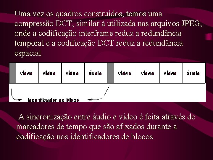 Uma vez os quadros construídos, temos uma compressão DCT, similar à utilizada nas arquivos