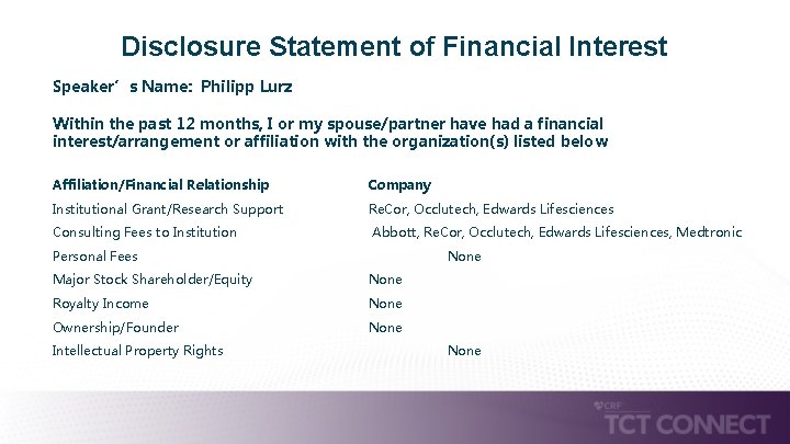 Disclosure Statement of Financial Interest Speaker’s Name: Philipp Lurz Within the past 12 months,