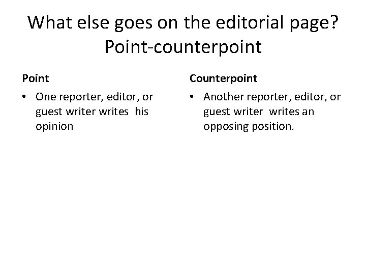 What else goes on the editorial page? Point-counterpoint Point Counterpoint • One reporter, editor,