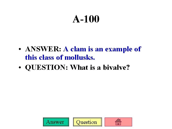 A-100 • ANSWER: A clam is an example of this class of mollusks. •