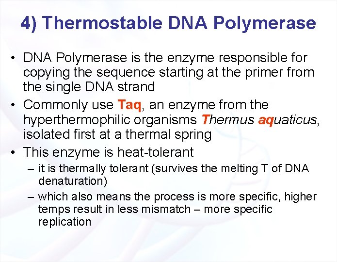 4) Thermostable DNA Polymerase • DNA Polymerase is the enzyme responsible for copying the