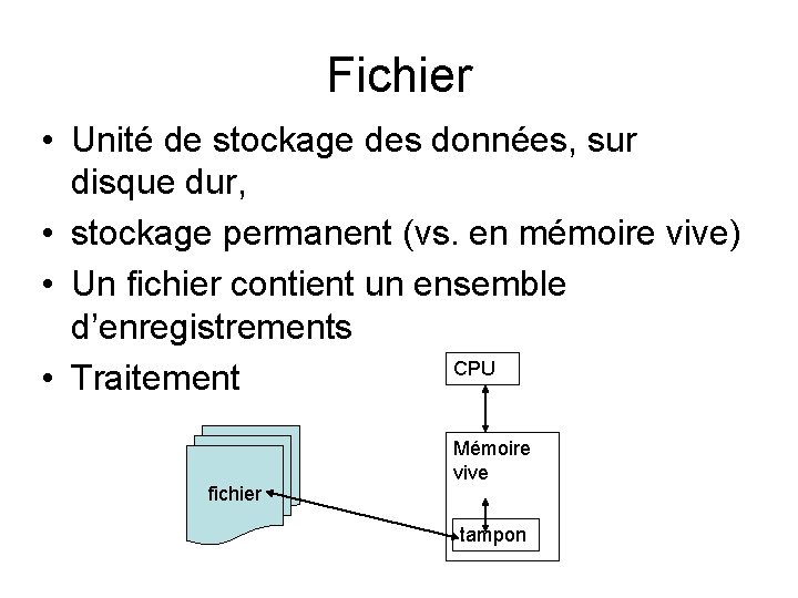 Fichier • Unité de stockage des données, sur disque dur, • stockage permanent (vs.