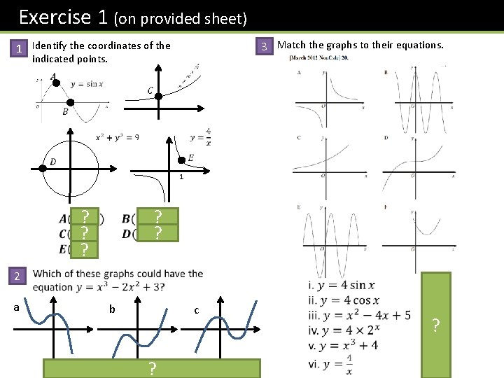 Exercise 1 (on provided sheet) 3 Match the graphs to their equations. 1 Identify