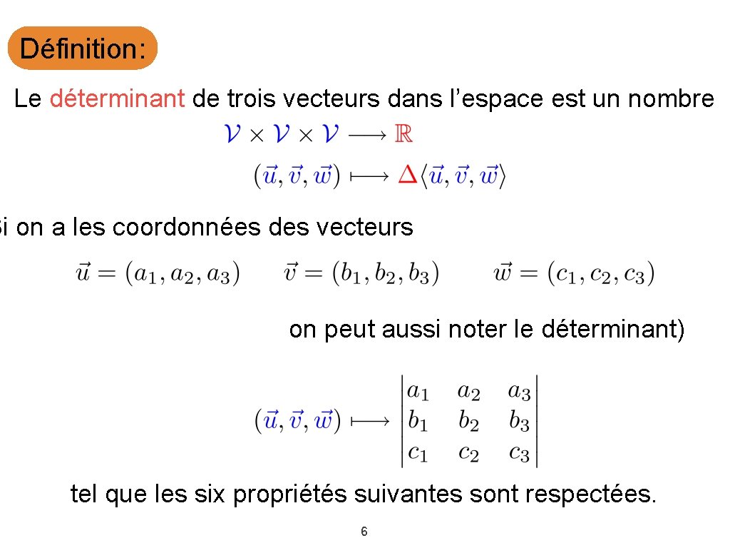 Définition: Le déterminant de trois vecteurs dans l’espace est un nombre Si on a