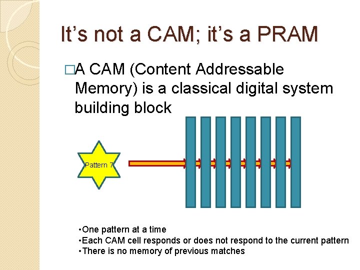 It’s not a CAM; it’s a PRAM Match Pattern 7 1 3 Match CAM