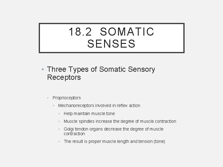 18. 2 SOMATIC SENSES • Three Types of Somatic Sensory Receptors • Proprioceptors •