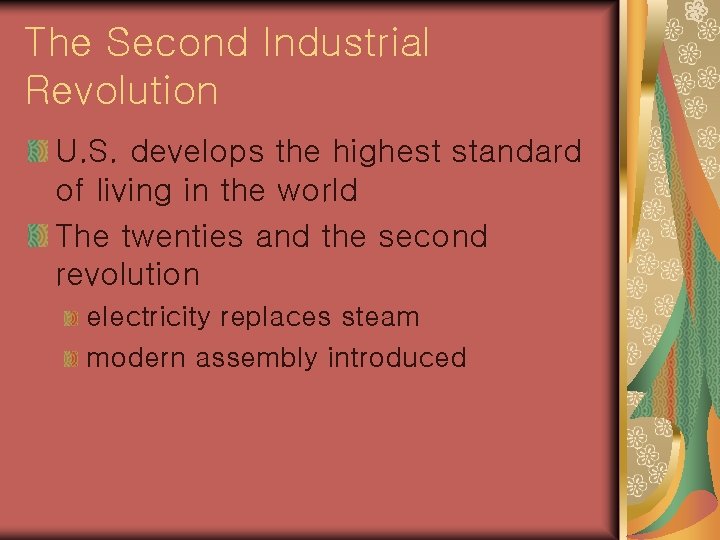 The Second Industrial Revolution U. S. develops the highest standard of living in the
