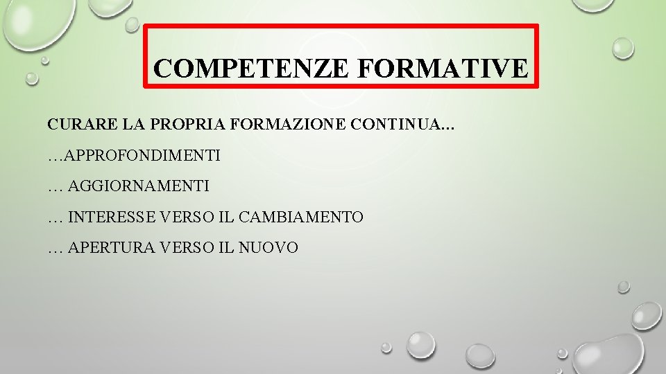 COMPETENZE FORMATIVE CURARE LA PROPRIA FORMAZIONE CONTINUA… …APPROFONDIMENTI … AGGIORNAMENTI … INTERESSE VERSO IL