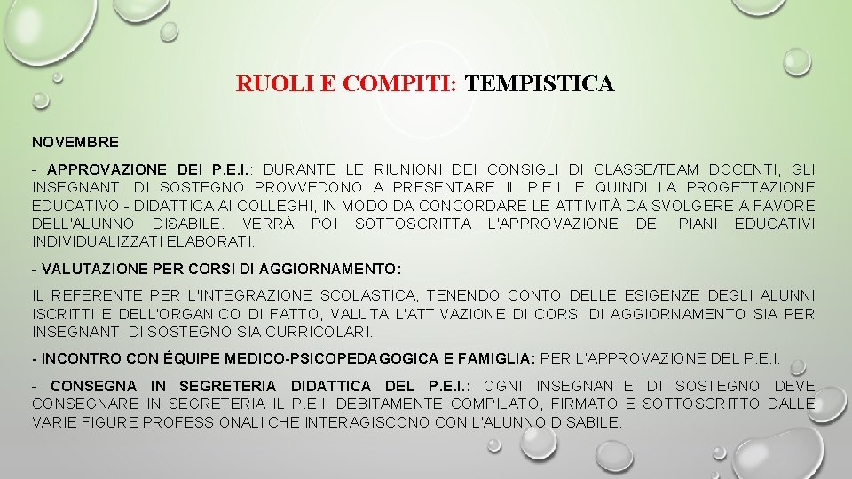 RUOLI E COMPITI: TEMPISTICA NOVEMBRE - APPROVAZIONE DEI P. E. I. : DURANTE LE