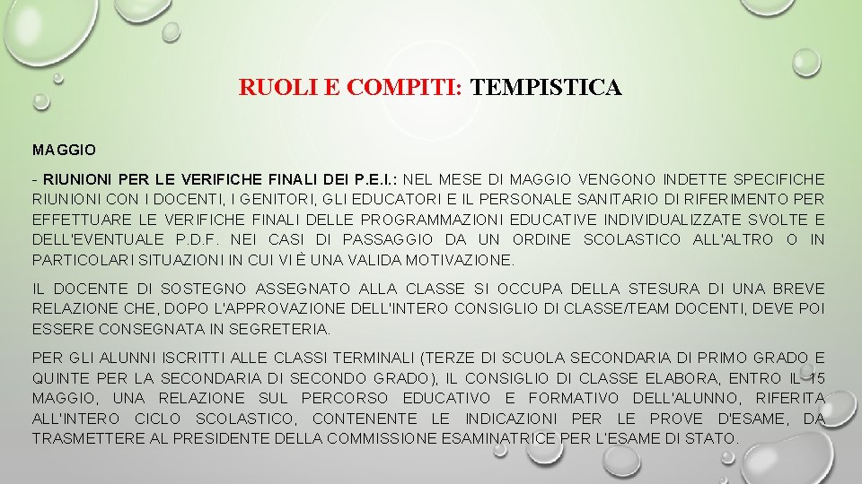 RUOLI E COMPITI: TEMPISTICA MAGGIO - RIUNIONI PER LE VERIFICHE FINALI DEI P. E.