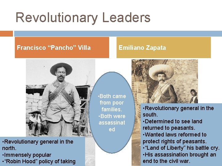 Revolutionary Leaders Francisco “Pancho” Villa Emiliano Zapata • Both came from poor families. •