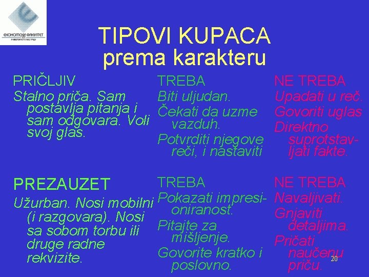 TIPOVI KUPACA prema karakteru PRIČLJIV Stalno priča. Sam postavlja pitanja i sam odgovara. Voli