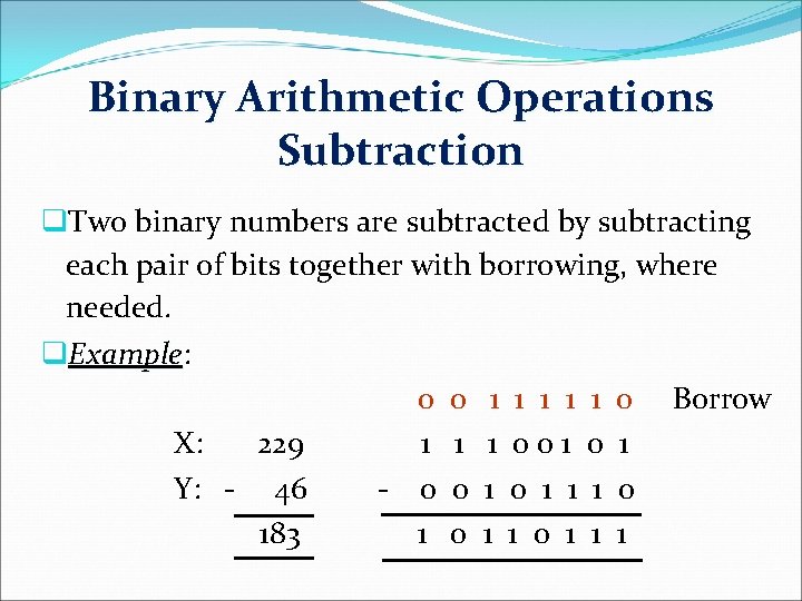 Binary Arithmetic Operations Subtraction q. Two binary numbers are subtracted by subtracting each pair