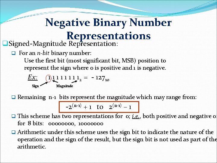 Negative Binary Number Representations q Signed-Magnitude Representation: q For an n-bit binary number: Use