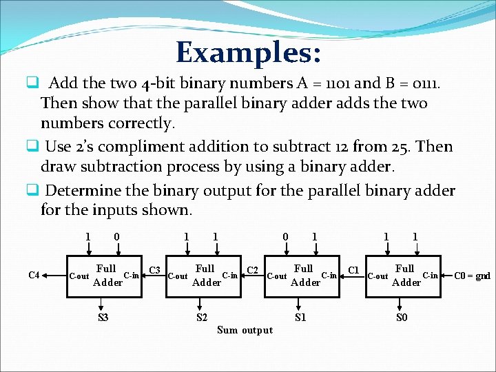 Examples: q Add the two 4 -bit binary numbers A = 1101 and B