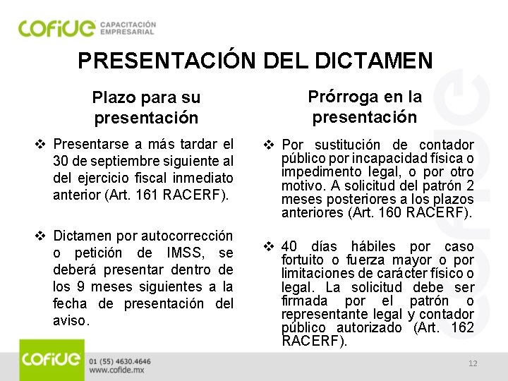 PRESENTACIÓN DEL DICTAMEN Plazo para su presentación v Presentarse a más tardar el 30