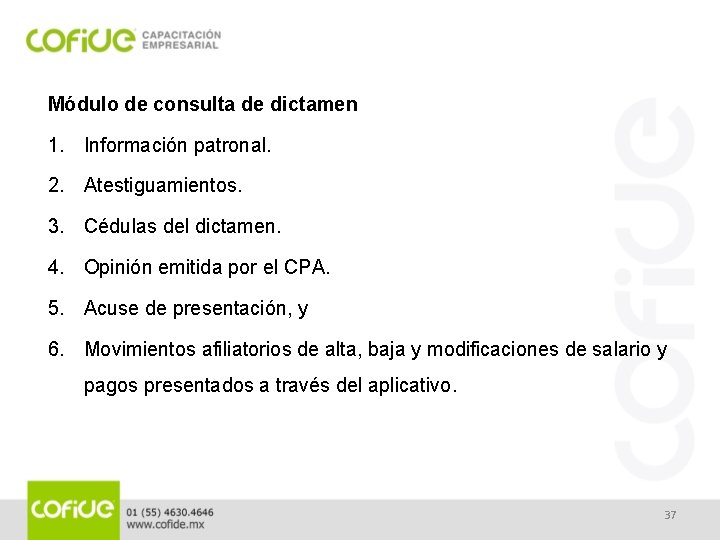 Módulo de consulta de dictamen 1. Información patronal. 2. Atestiguamientos. 3. Cédulas del dictamen.