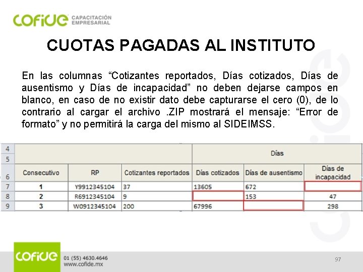 CUOTAS PAGADAS AL INSTITUTO En las columnas “Cotizantes reportados, Días cotizados, Días de ausentismo
