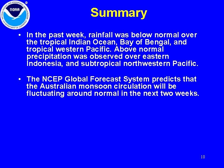 Summary • In the past week, rainfall was below normal over the tropical Indian
