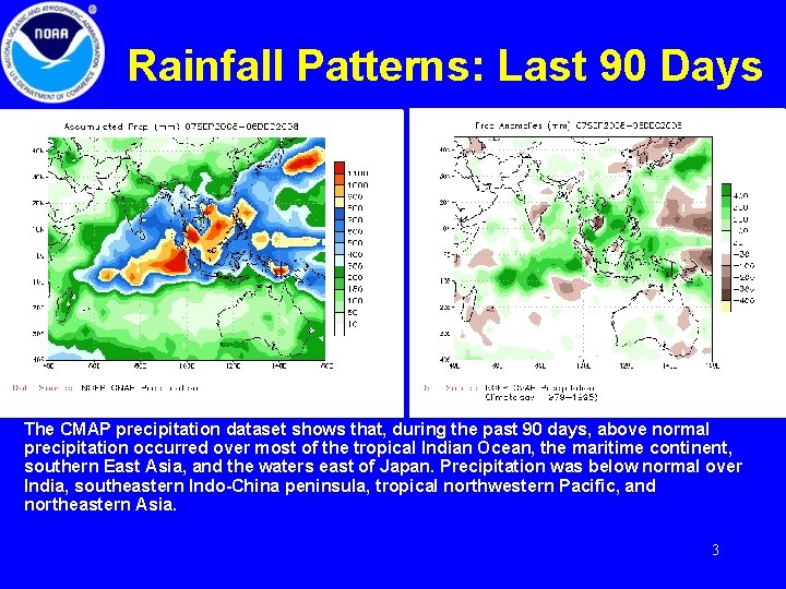 Rainfall Patterns: Last 90 Days The CMAP precipitation dataset shows that, during the past