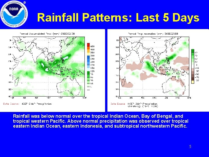 Rainfall Patterns: Last 5 Days Rainfall was below normal over the tropical Indian Ocean,