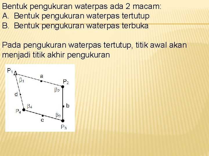 Bentuk pengukuran waterpas ada 2 macam: A. Bentuk pengukuran waterpas tertutup B. Bentuk pengukuran Bentuk pengukuran waterpas ada 2 macam: A. Bentuk pengukuran waterpas tertutup B. Bentuk pengukuran