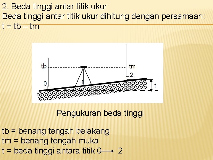 2. Beda tinggi antar titik ukur dihitung dengan persamaan: t = tb – tm 2. Beda tinggi antar titik ukur dihitung dengan persamaan: t = tb – tm