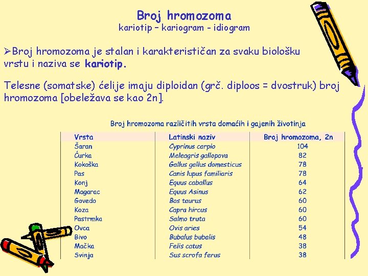 Broj hromozoma kariotip – kariogram - idiogram ØBroj hromozoma je stalan i karakterističan za