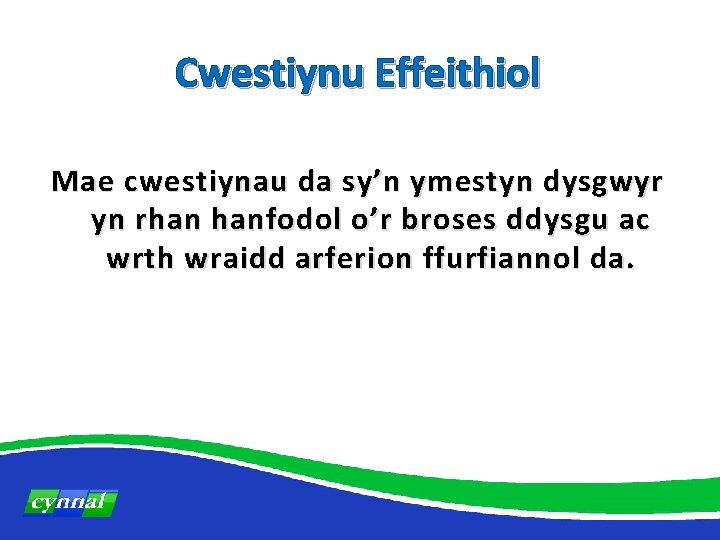 Cwestiynu Effeithiol Mae cwestiynau da sy’n ymestyn dysgwyr yn rhan hanfodol o’r broses ddysgu