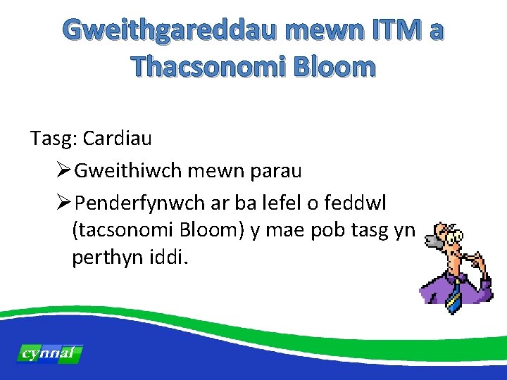 Gweithgareddau mewn ITM a Thacsonomi Bloom Tasg: Cardiau ØGweithiwch mewn parau ØPenderfynwch ar ba