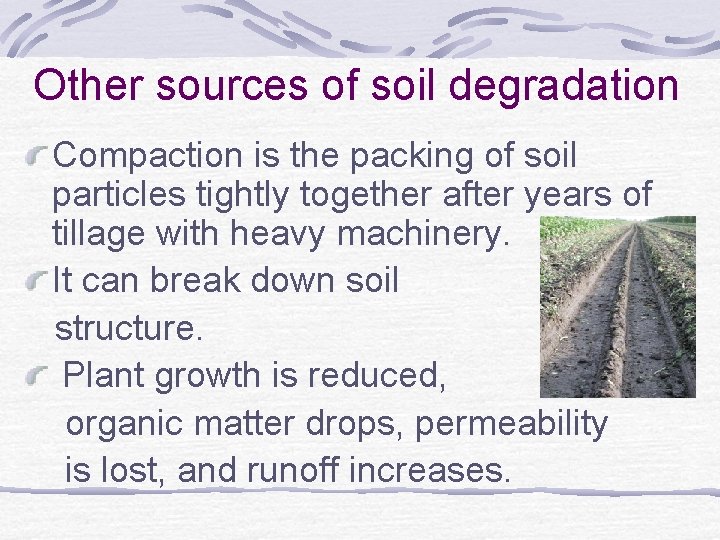 Other sources of soil degradation Compaction is the packing of soil particles tightly together