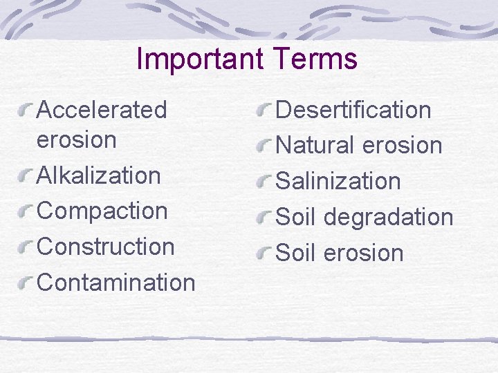 Important Terms Accelerated erosion Alkalization Compaction Construction Contamination Desertification Natural erosion Salinization Soil degradation