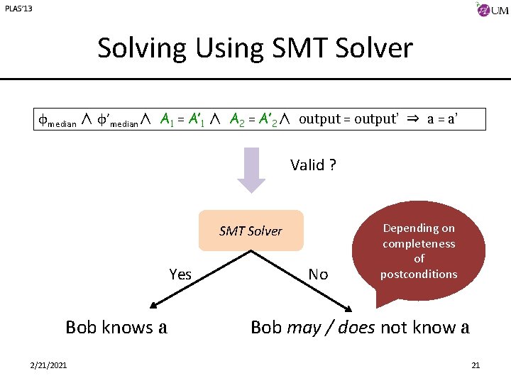 PLAS’ 13 Solving Using SMT Solver φmedian ∧ φ’median∧ A 1 = A’ 1