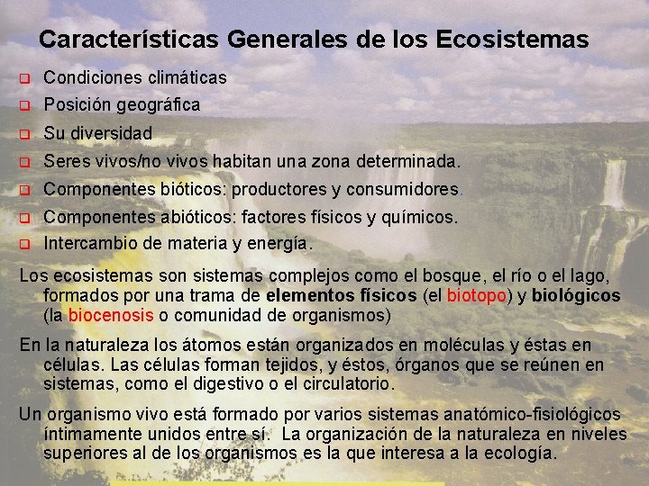 Características Generales de los Ecosistemas q Condiciones climáticas q Posición geográfica q Su diversidad