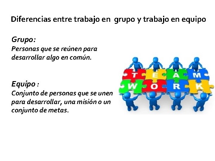 Diferencias entre trabajo en grupo y trabajo en equipo Grupo: Personas que se reúnen