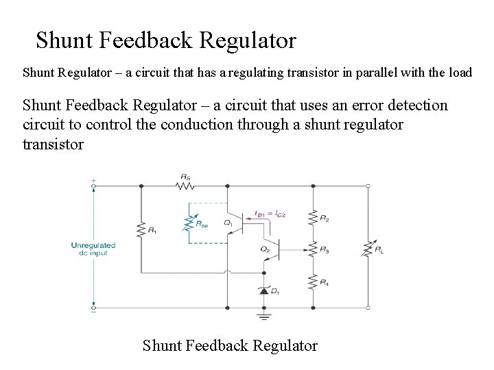  Shunt Feedback Regulator Shunt Regulator – a circuit that has a regulating transistor