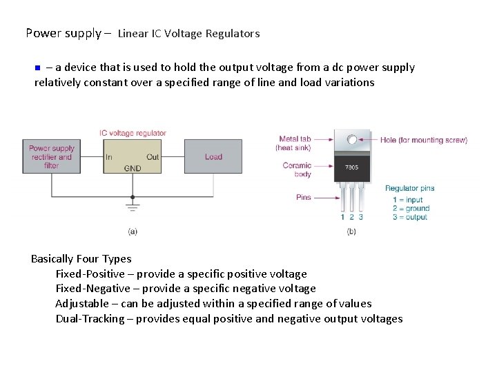 Power supply – Linear IC Voltage Regulators – a device that is used to