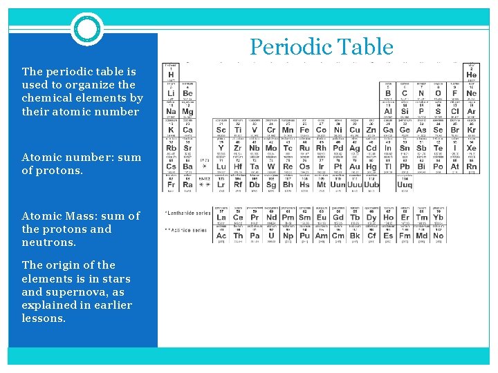 Periodic Table The periodic table is used to organize the chemical elements by their