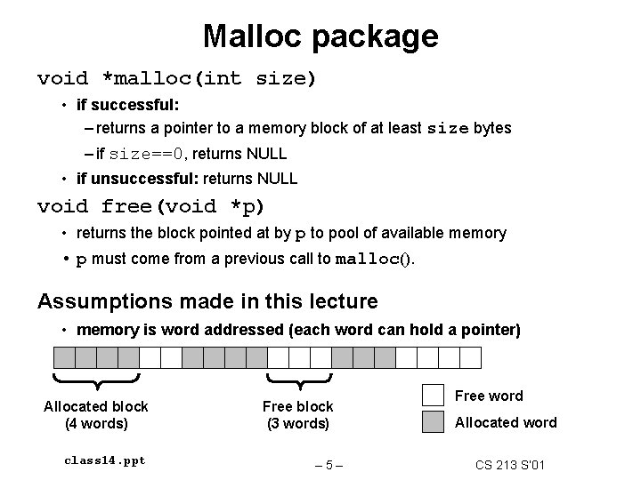 Malloc package void *malloc(int size) • if successful: – returns a pointer to a Malloc package void *malloc(int size) • if successful: – returns a pointer to a