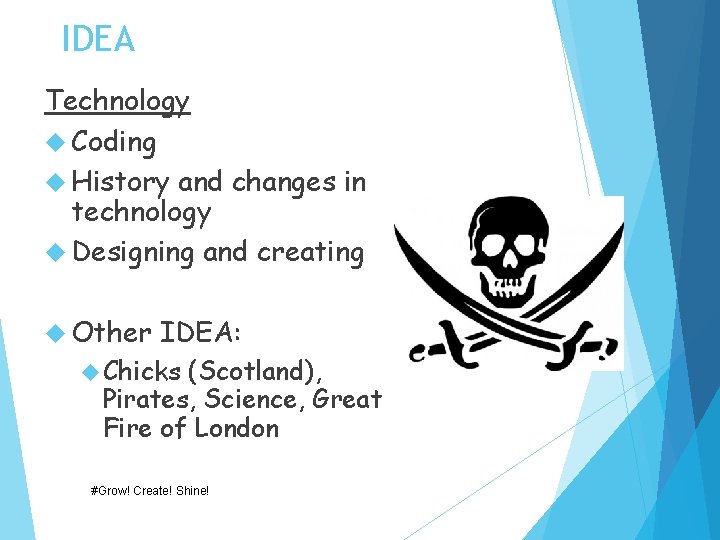 IDEA Technology Coding History and changes in technology Designing and creating Other IDEA: Chicks