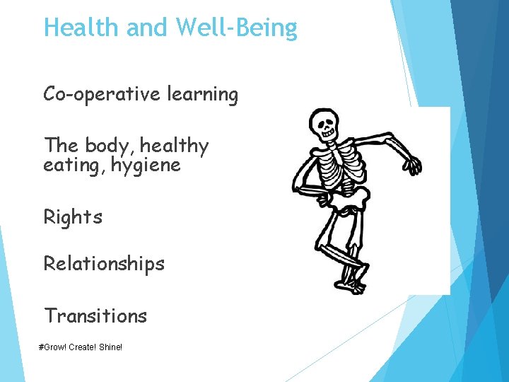 Health and Well-Being Co-operative learning The body, healthy eating, hygiene Rights Relationships Transitions #Grow!