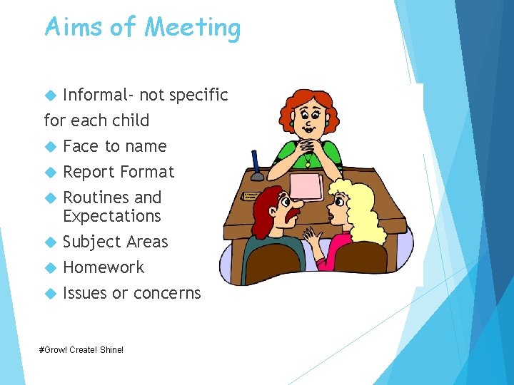 Aims of Meeting Informal- not specific for each child Face to name Report Format