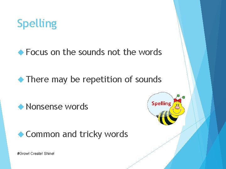 Spelling Focus on the sounds not the words There may be repetition of sounds