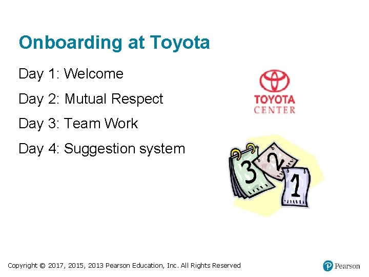 Onboarding at Toyota Day 1: Welcome Day 2: Mutual Respect Day 3: Team Work