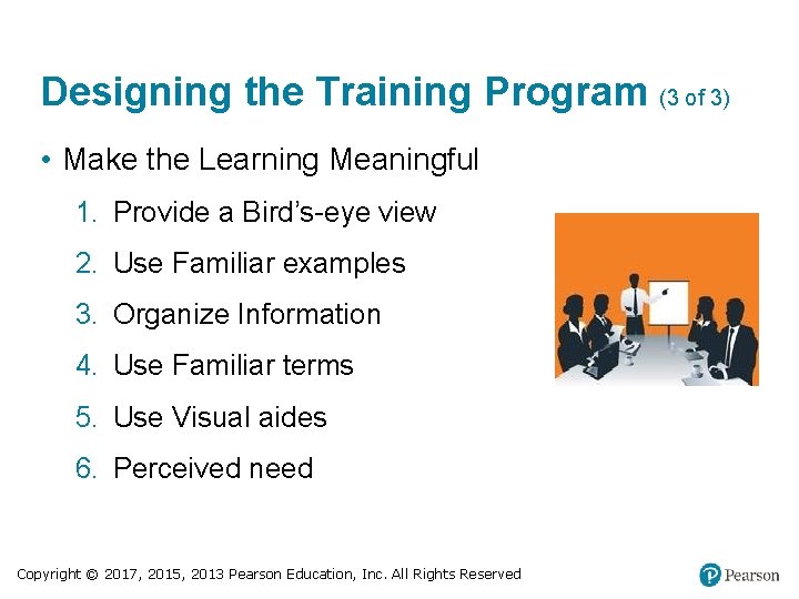 Designing the Training Program (3 of 3) • Make the Learning Meaningful 1. Provide