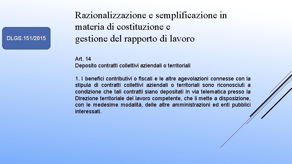 DLGS. 151/2015 Razionalizzazione e semplificazione in materia di costituzione e gestione del rapporto di